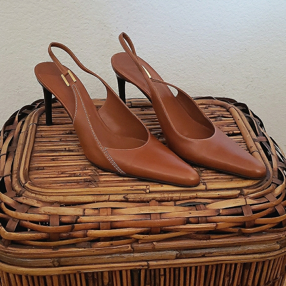 Caramel Brown Leather Slingback Heels 
